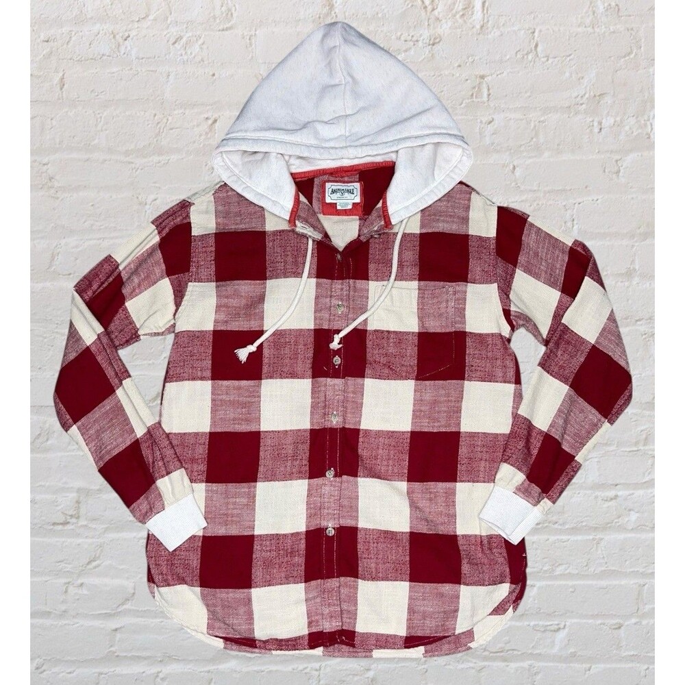 American Eagle AE Shacket Hoodie Flannel Shirt Size XS Red White Plaid Oversized